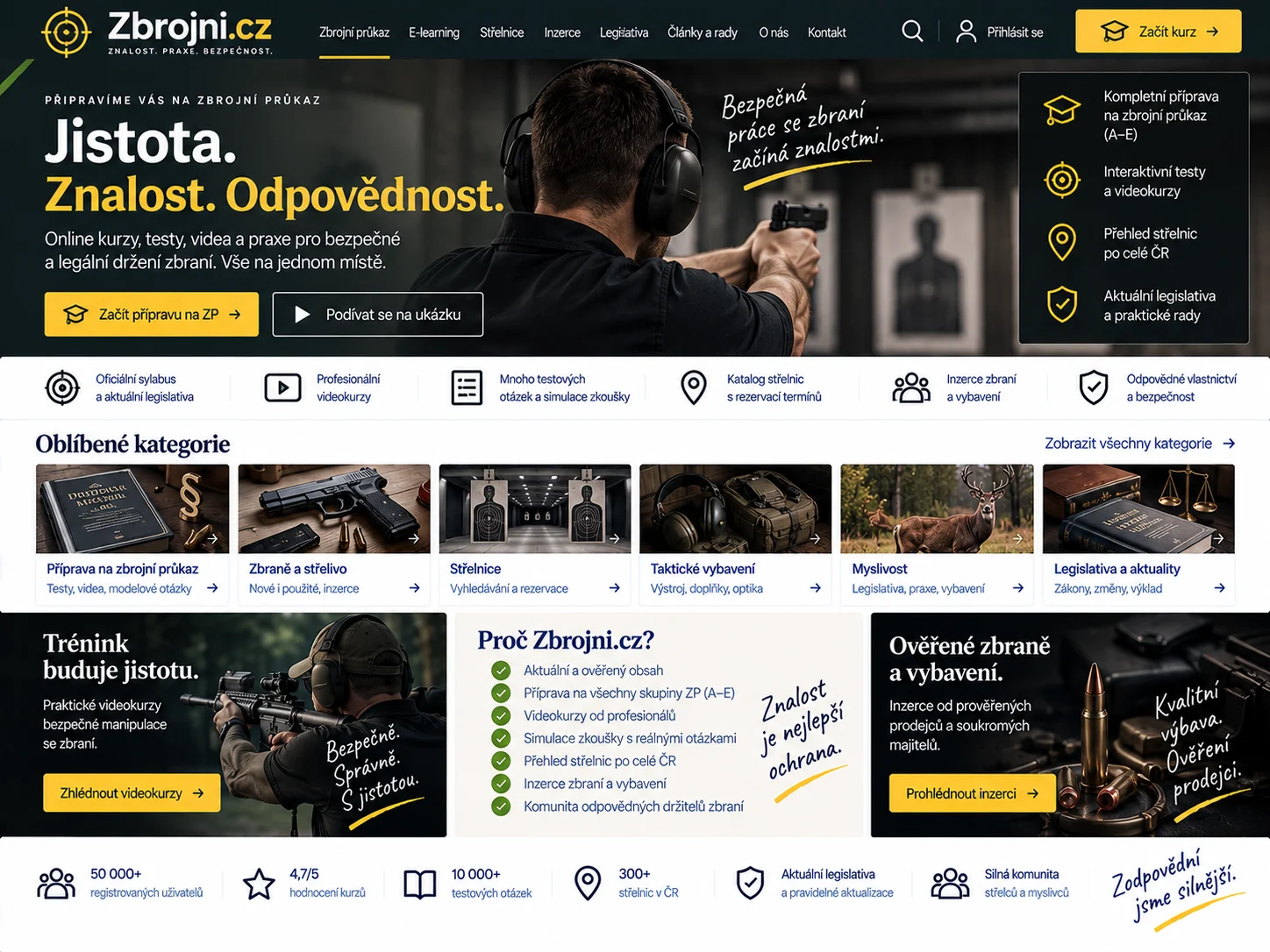 Ilustrační návrh Zbrojni.cz jako odborného portálu se zbrojní přípravou, bezpečnostními informacemi a katalogem služeb